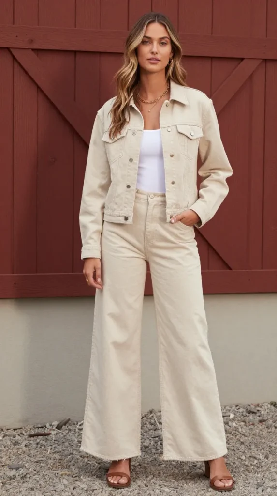 Cranberry Barn Jacket with Ecru Wide-Leg Denim