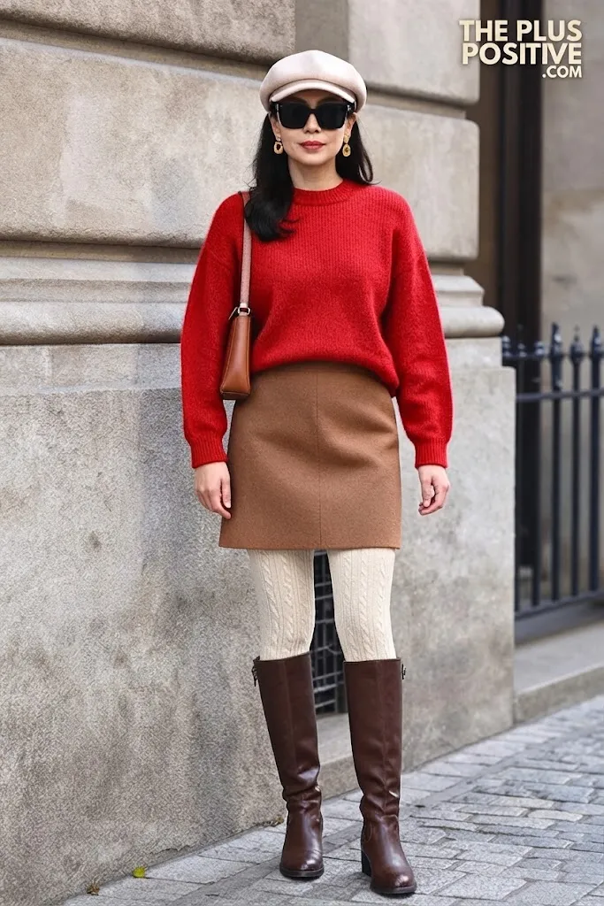 Cranberry Brushed Sweater With Camel A-Line Wool Mini Skirt
