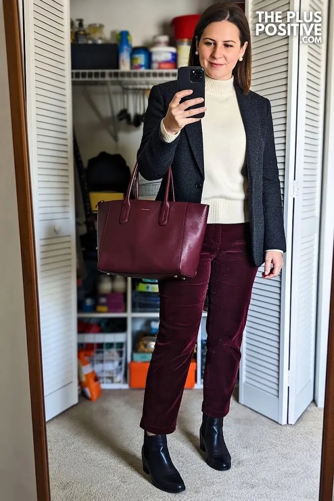 Cream Mock-Neck Sweater With Deep Plum Velvet Trousers