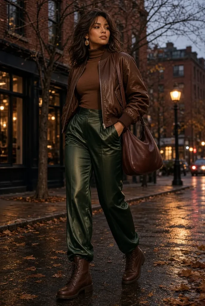 Dark Chestnut Bomber Jacket with Pine Green Satin Trousers