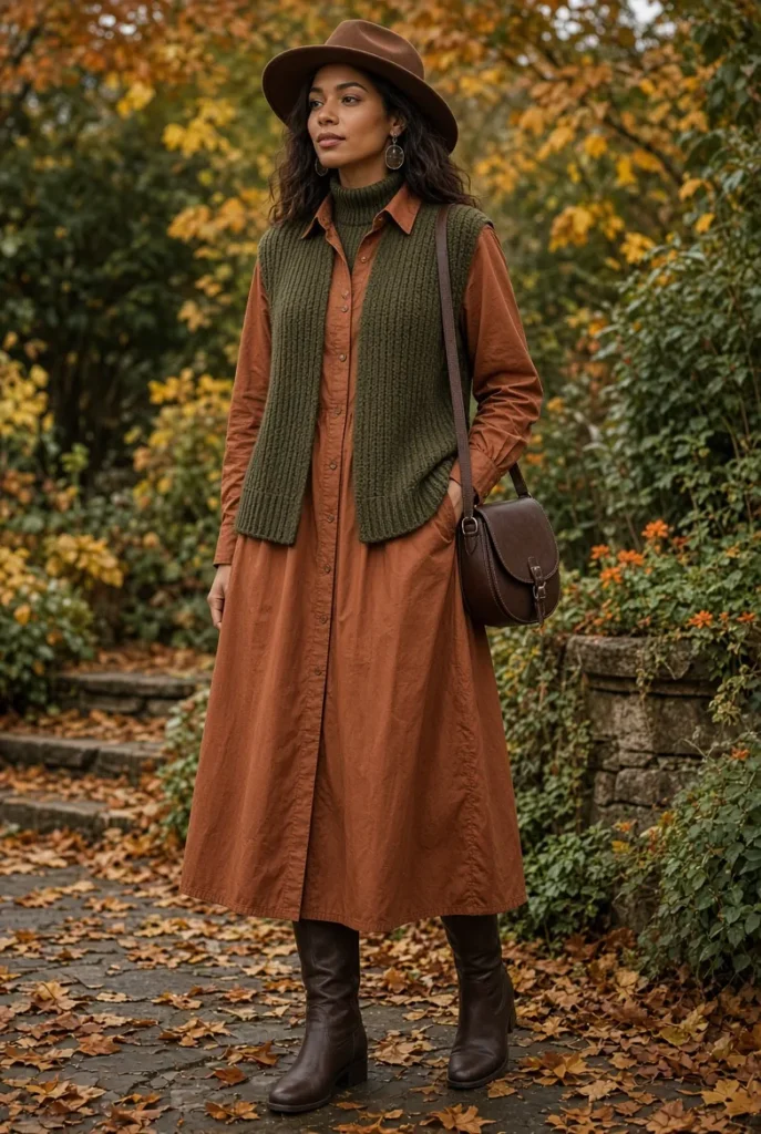 Dark Olive Knit Vest with Copper Poplin Maxi Dress