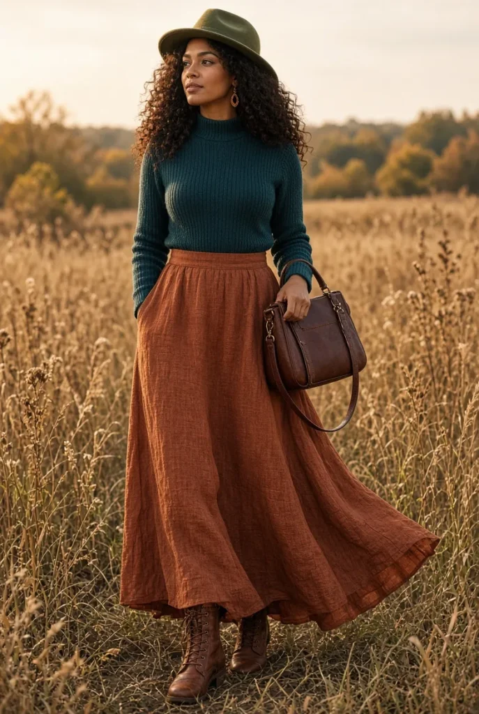 Dark Teal Mock Neck with Rust Linen Maxi Skirt