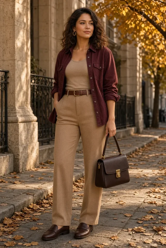 Deep Burgundy Denim Shirt with Camel Knit Trousers