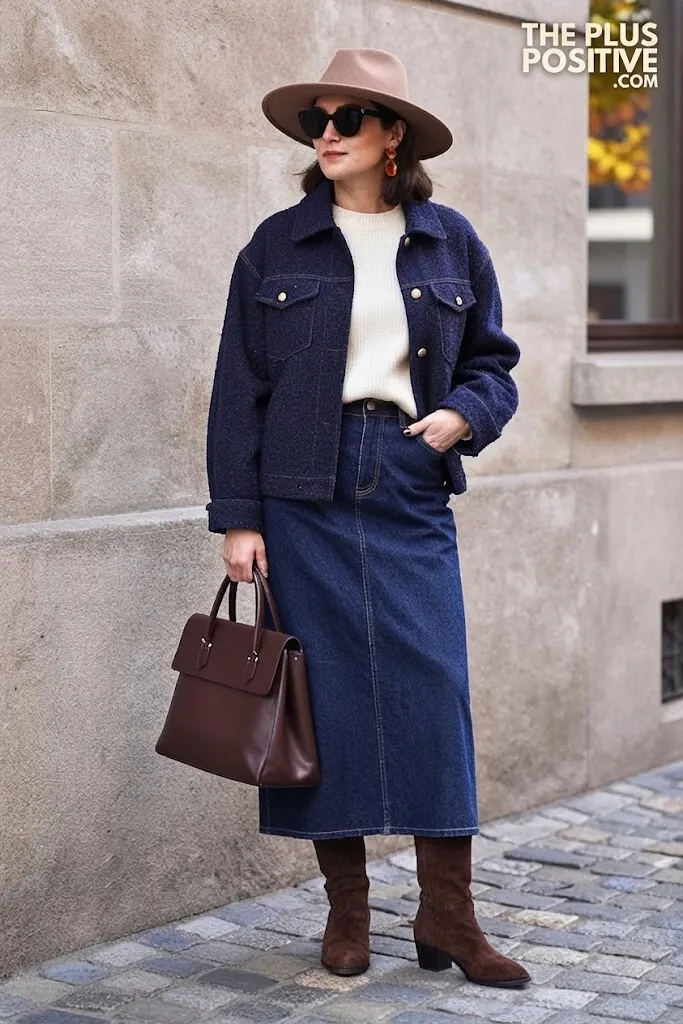 Deep Indigo Jacket With Deep Indigo Denim Maxi Skirt
