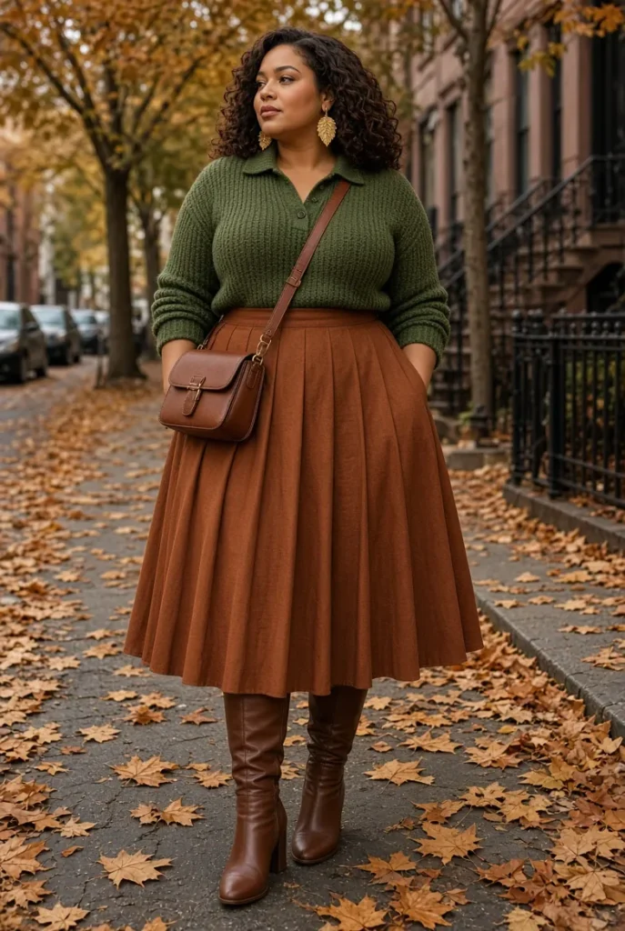 Deep Moss Knit Polo with Rust Pleated Midi Skirt