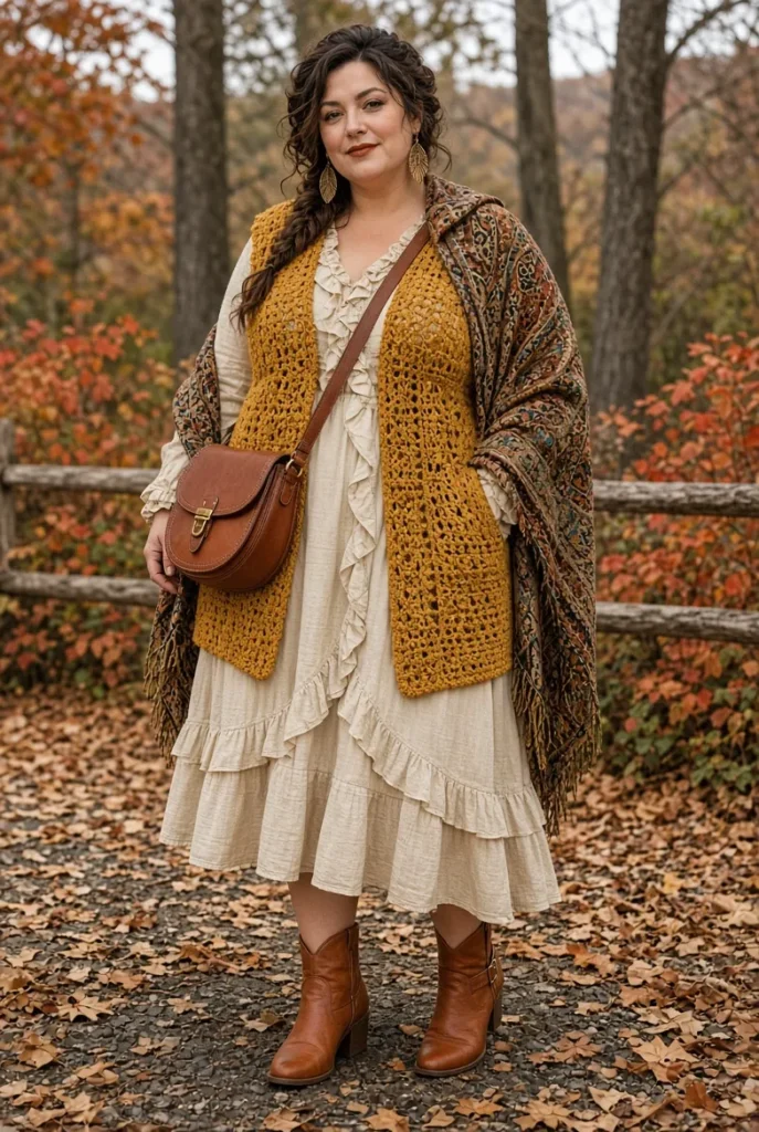 Deep Mustard Crochet Vest with Cream Ruffled Midi Dress