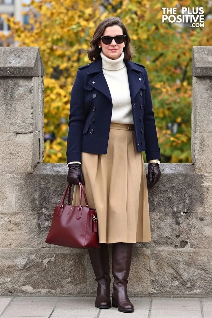 Deep Navy Wool Military Jacket with Camel Knife-Pleated Skirt