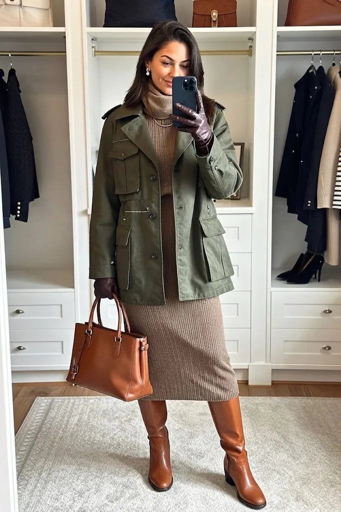 Deep Olive Utility Blazer with Mocha Knit Dress
