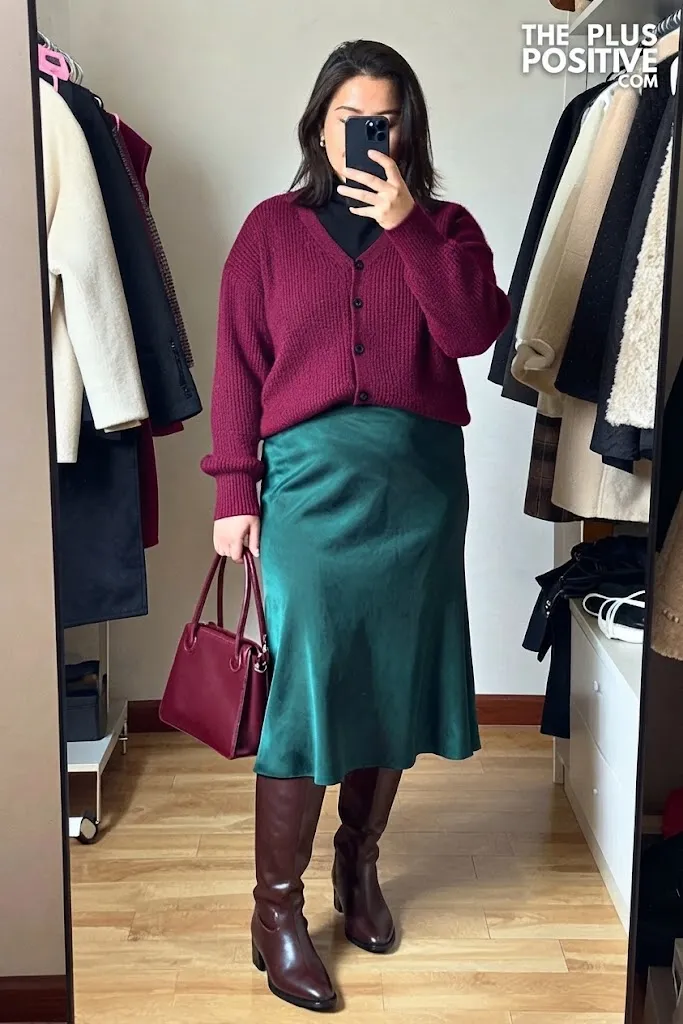 Deep Plum Cardigan with Forest Green Satin Midi Skirt