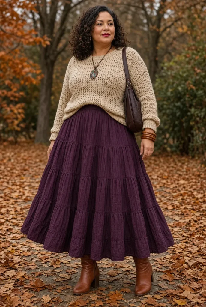 Deep Plum Tiered Maxi Skirt with Crochet Knit Sweater