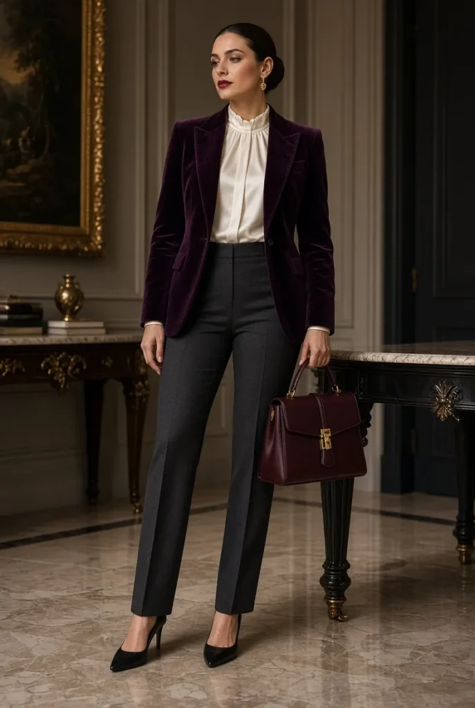Deep Plum Velvet Blazer with Graphite Cigarette Trousers