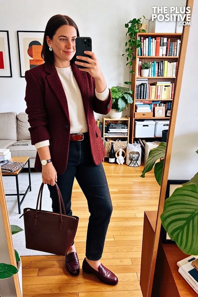Deep Rust Knit Blazer with Straight-Leg Denim