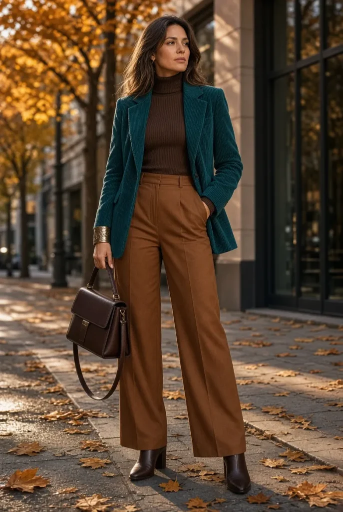 Deep Teal Corduroy Blazer with Cinnamon Wide-Leg Trousers