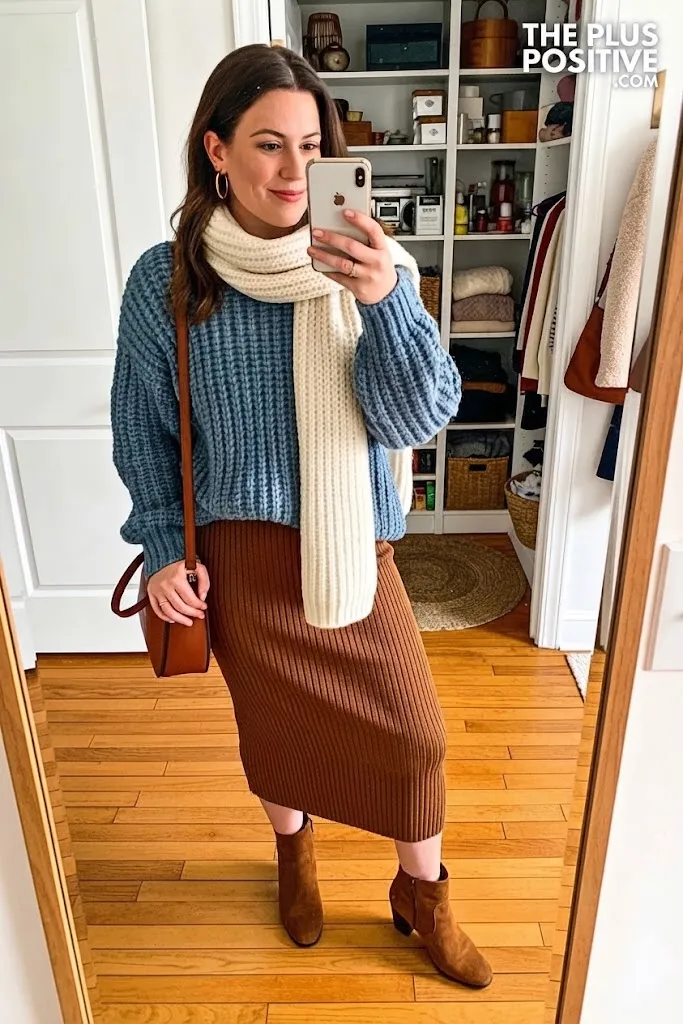 Dusty Blue Fisherman Sweater With Cocoa Knit Midi Skirt