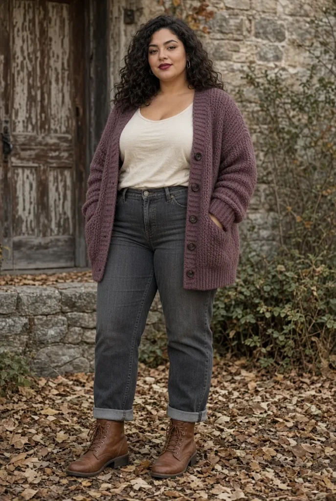 Dusty Plum Cardigan + Graphite Straight-Leg Jeans