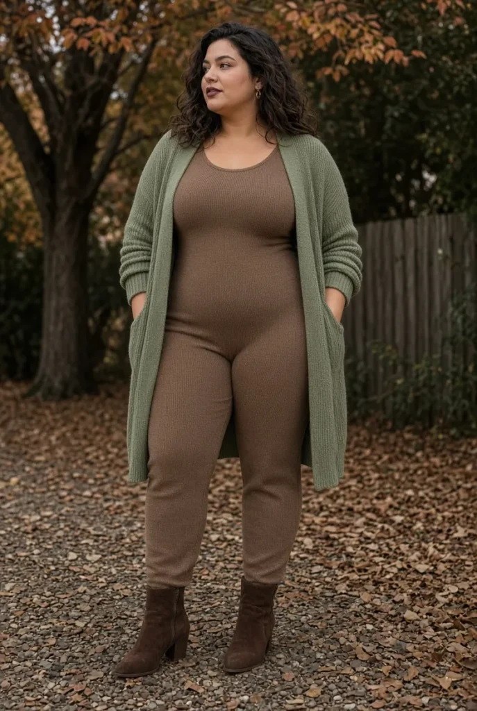 Dusty Sage Longline Cardigan + Mocha Knit Jumpsuit
