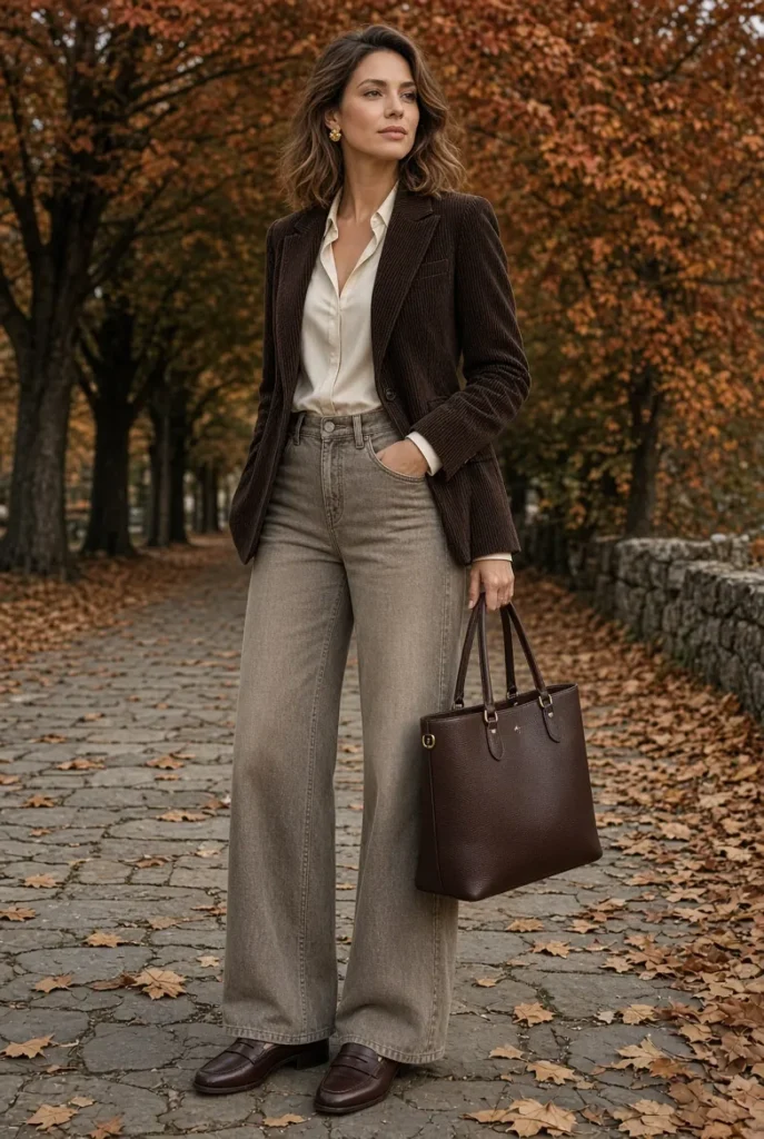Espresso Corduroy Blazer with Stone Wide-Leg Jeans