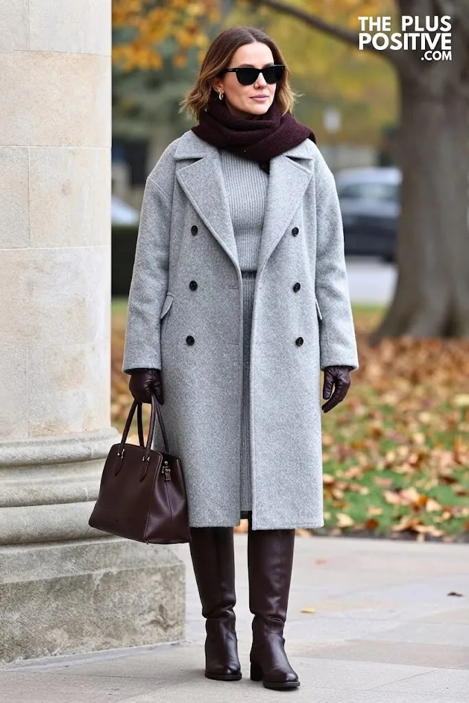 Espresso Double-Breasted Coat with Heather Gray Knit Set