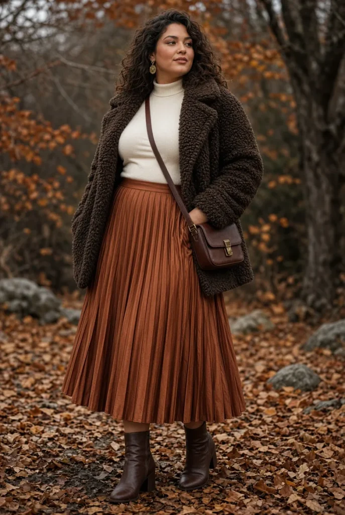 Espresso Faux Shearling Jacket with Copper Pleated Midi Skirt