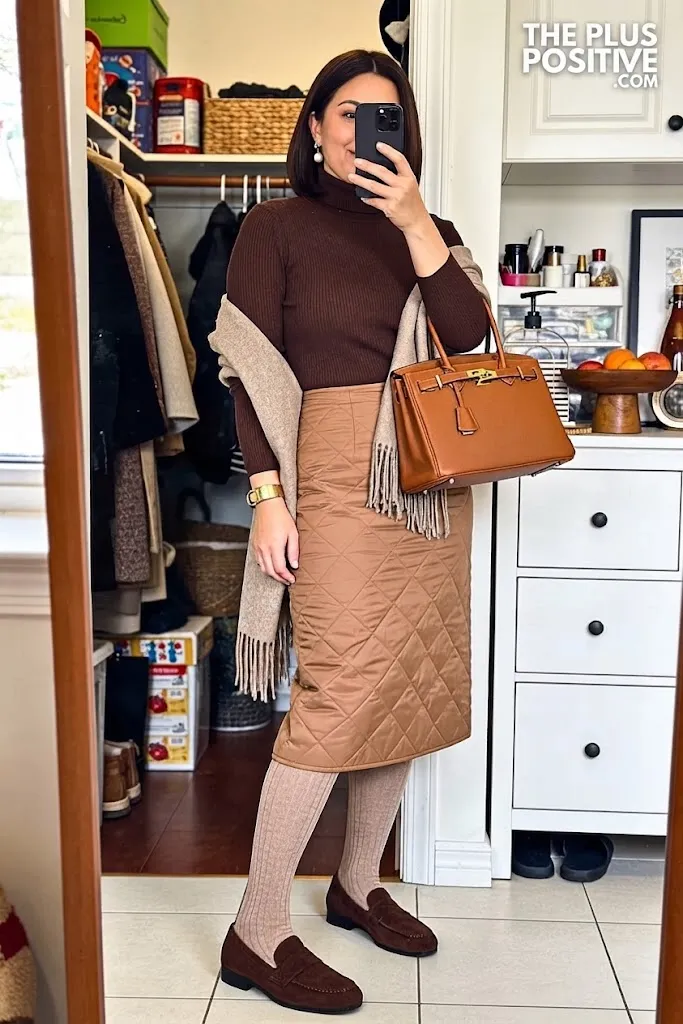 Espresso Mock-Neck Top with Quilted Midi Skirt