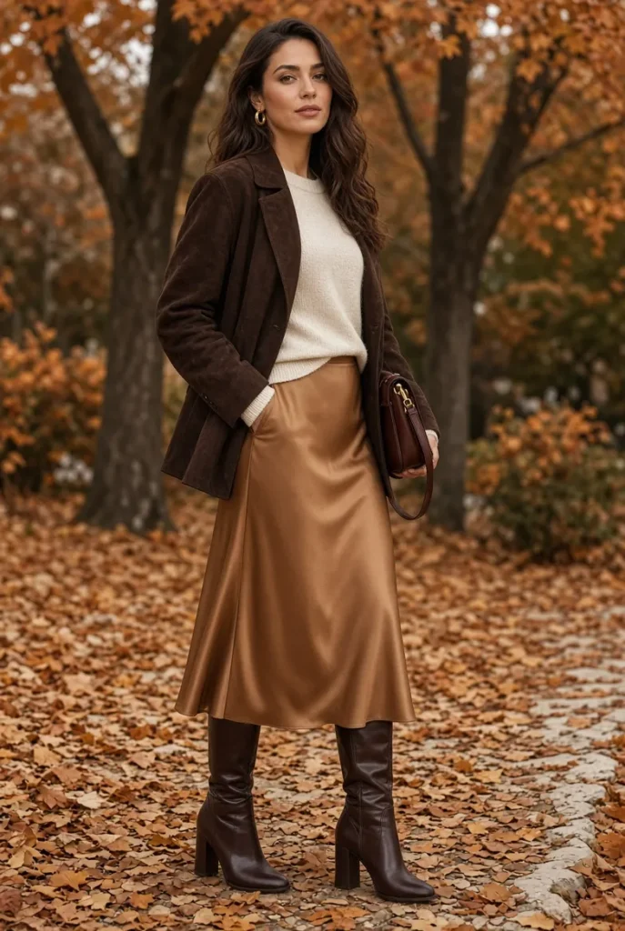 Espresso Suede Jacket with Caramel Satin Midi Skirt