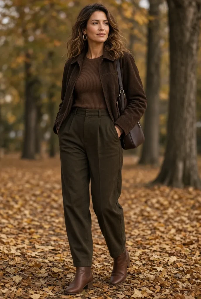 Espresso Suede Jacket with Olive Barrel Trousers