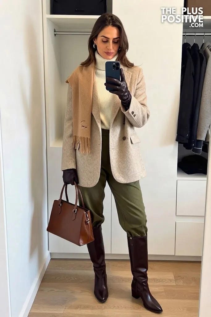 Espresso Wool Blazer with Olive Barrel Trousers and Tall Leather Boots