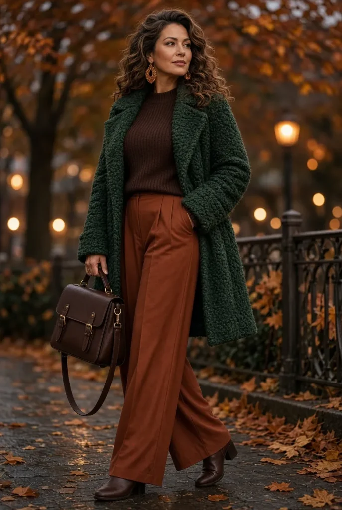 Forest Green Bouclé Jacket with Rust Palazzo Trousers
