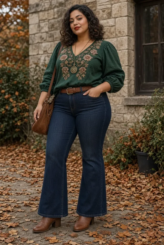 Forest Green Embroidered Blouse with Dark Wash Flared Jeans