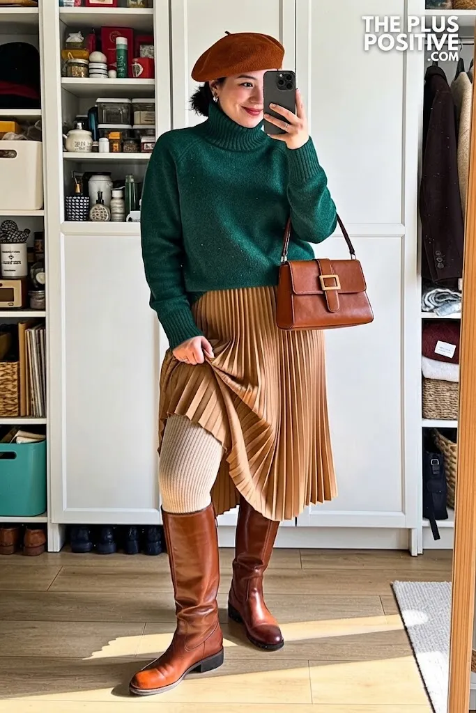 Forest Green Funnel-Neck Sweater With Camel Pleated Maxi Skirt