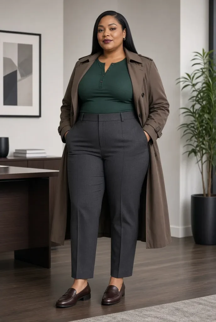 Forest Green Henley + Charcoal Pintuck Ponte Pants