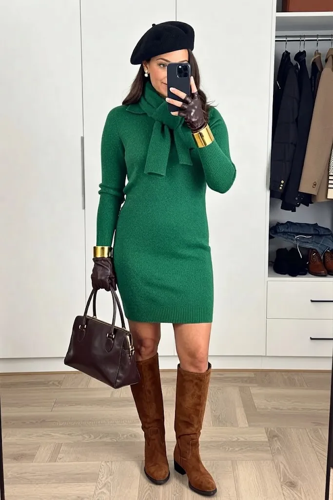 Forest Green Knit Polo Dress with Suede Riding Boots