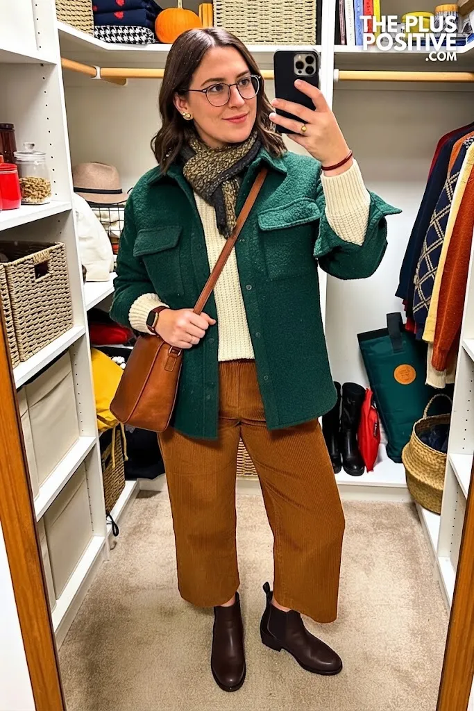 Forest Green Shacket with Wide-Leg Corduroy Pants