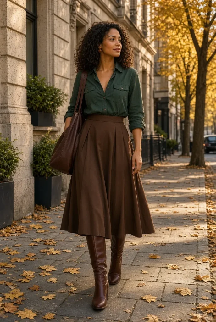 Forest Green Utility Shirt with Chocolate Pleated Midi Skirt