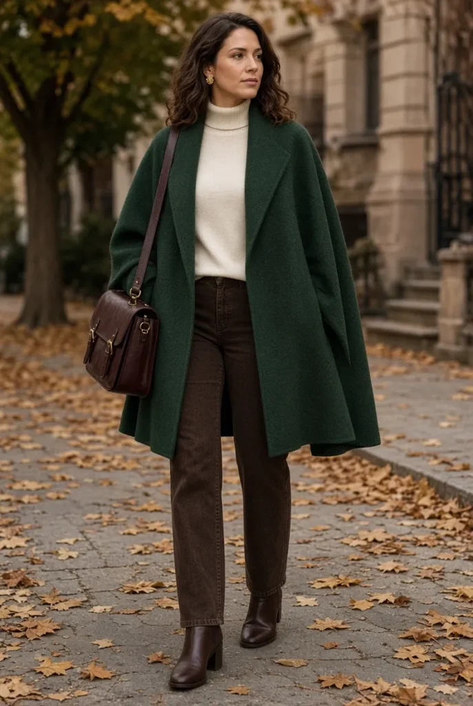 Forest Green Wool Cape with Chocolate Straight Jeans