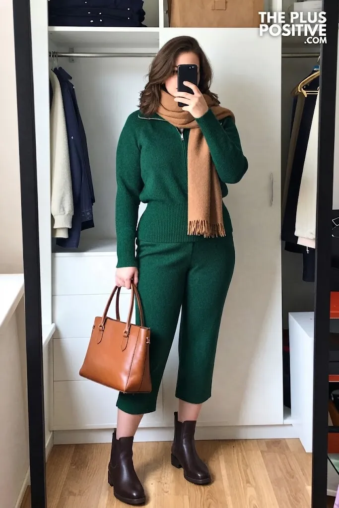 Forest Green Zip Collar Knit with Camel Culottes