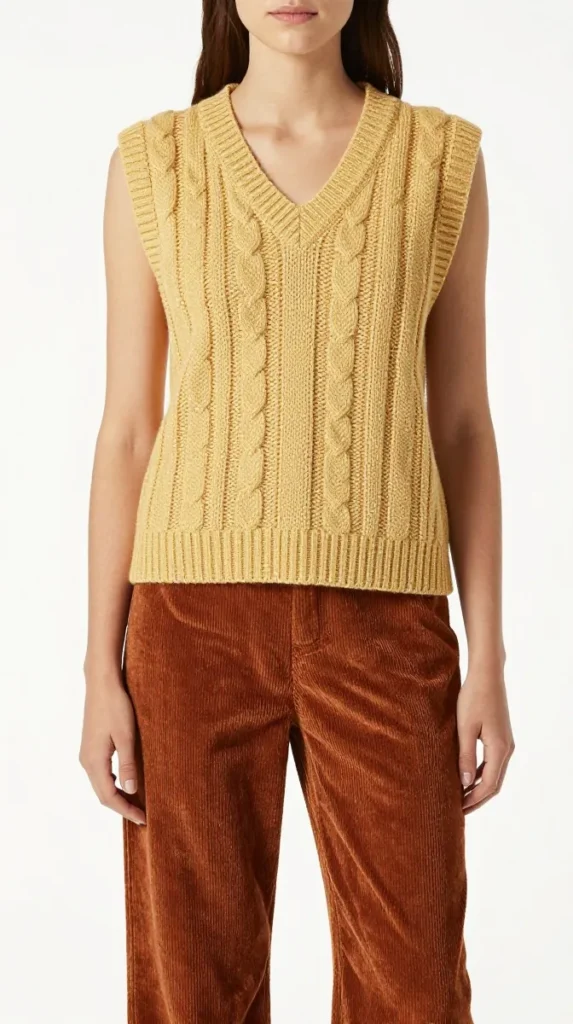 Golden Cable Vest with Rust Corduroy Trousers