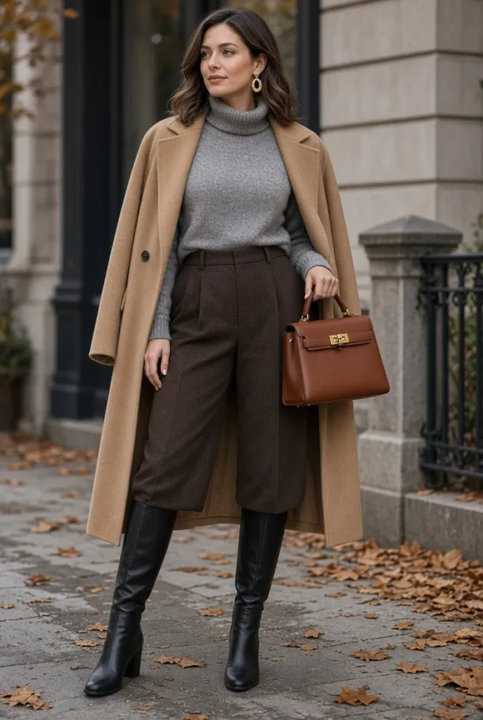 Heather Gray Funnel-Neck Sweater with Dark Chocolate Wool Culottes