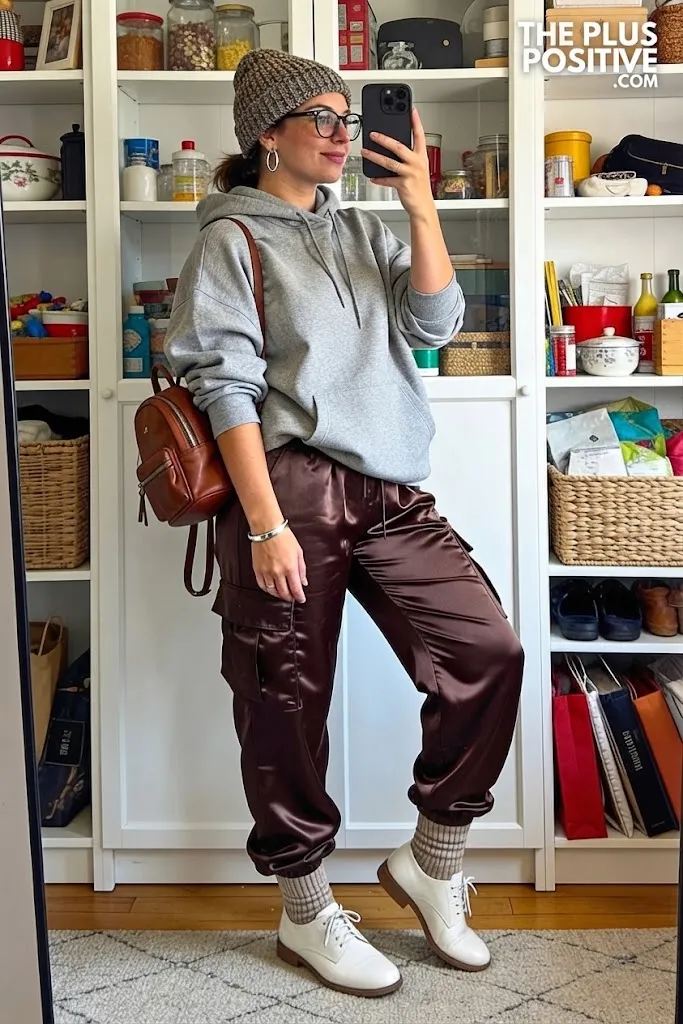 Heather Gray Hoodie with Satin Cargo Trousers