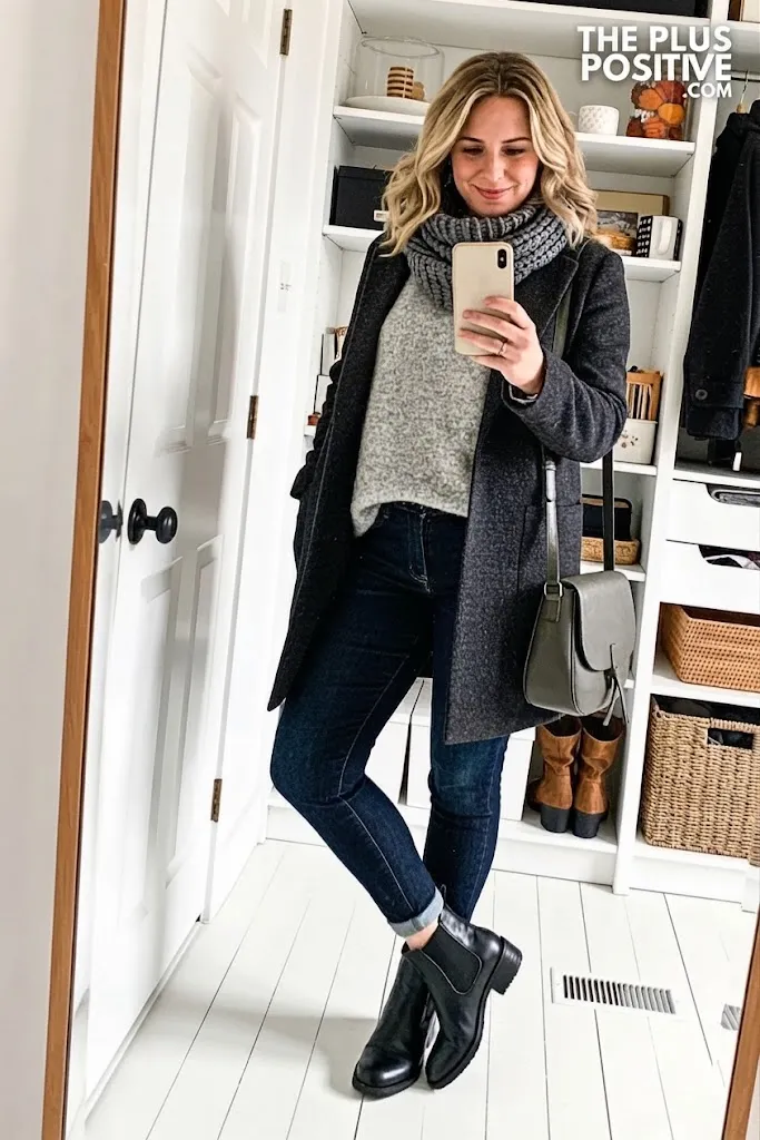 Heather Gray Mohair Sweater With Dark Indigo Horseshoe Jeans