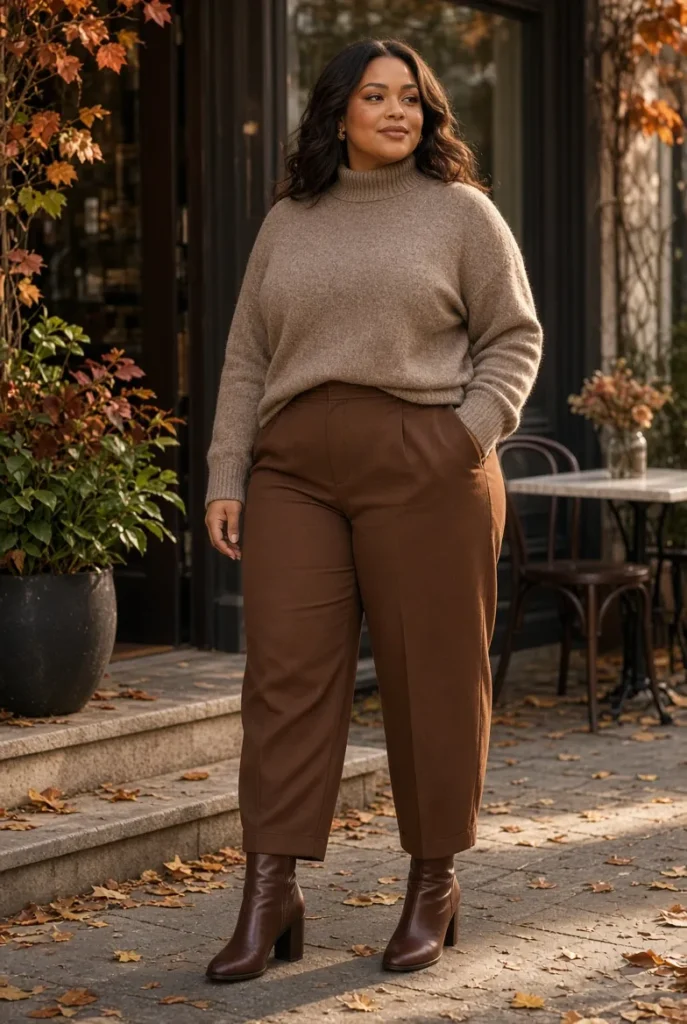 Heather Taupe Funnel-Neck Sweater + Walnut Barrel-Leg Pants