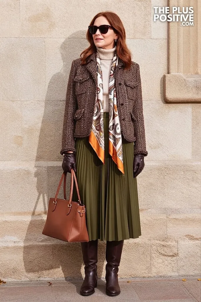 Heritage Tweed Jacket with Olive Pleated Midi Skirt