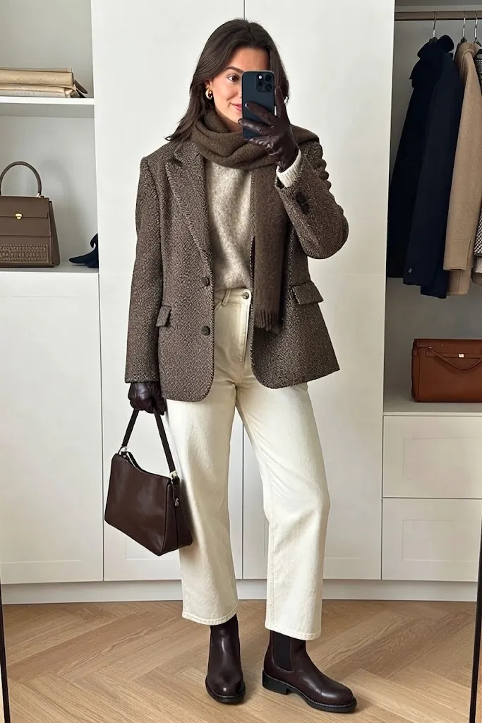 Herringbone Jacket with Ivory Wide-Leg Denim