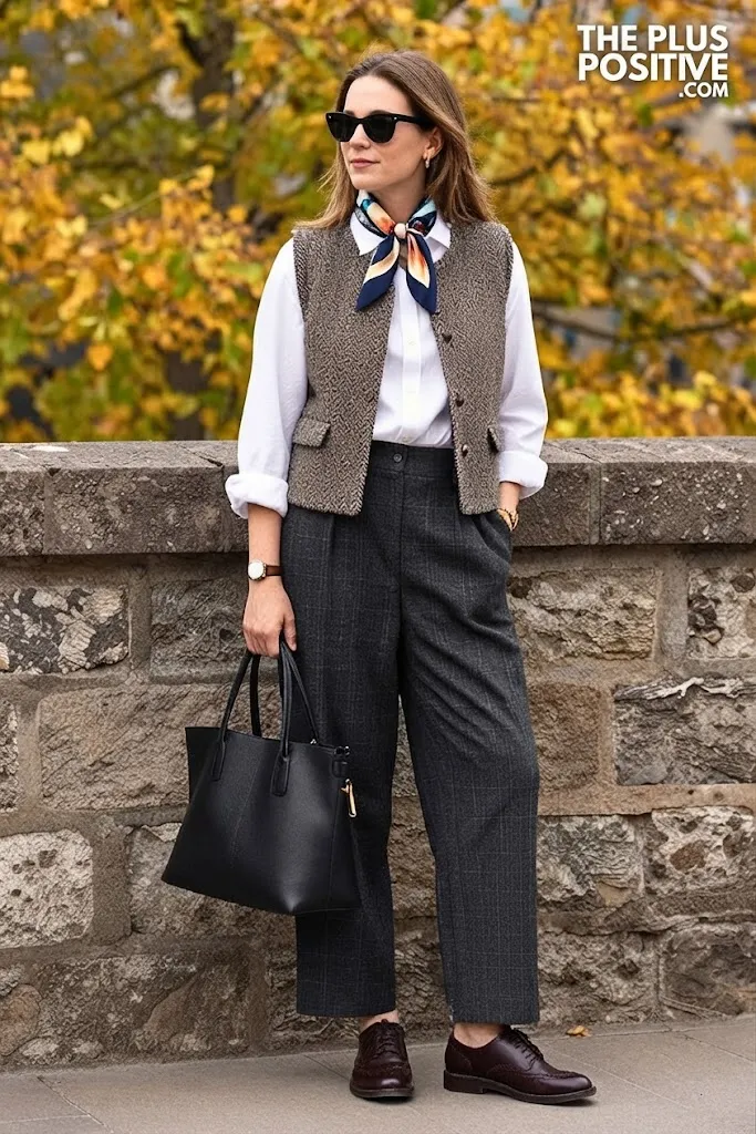 Herringbone Wool Vest with Wide-Leg Flannel Pants