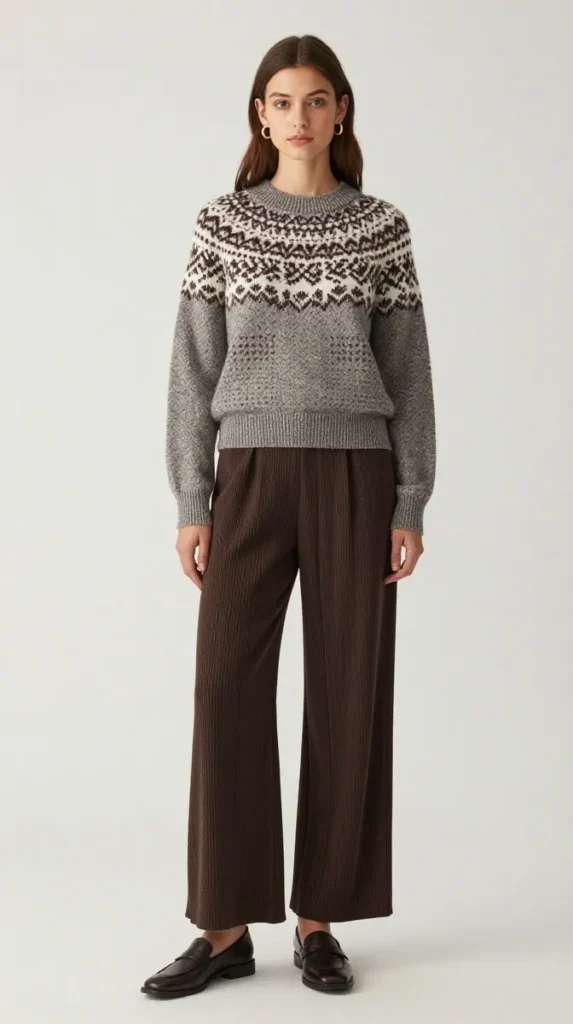 Honey Fair Isle Sweater with Espresso Pleated Trousers