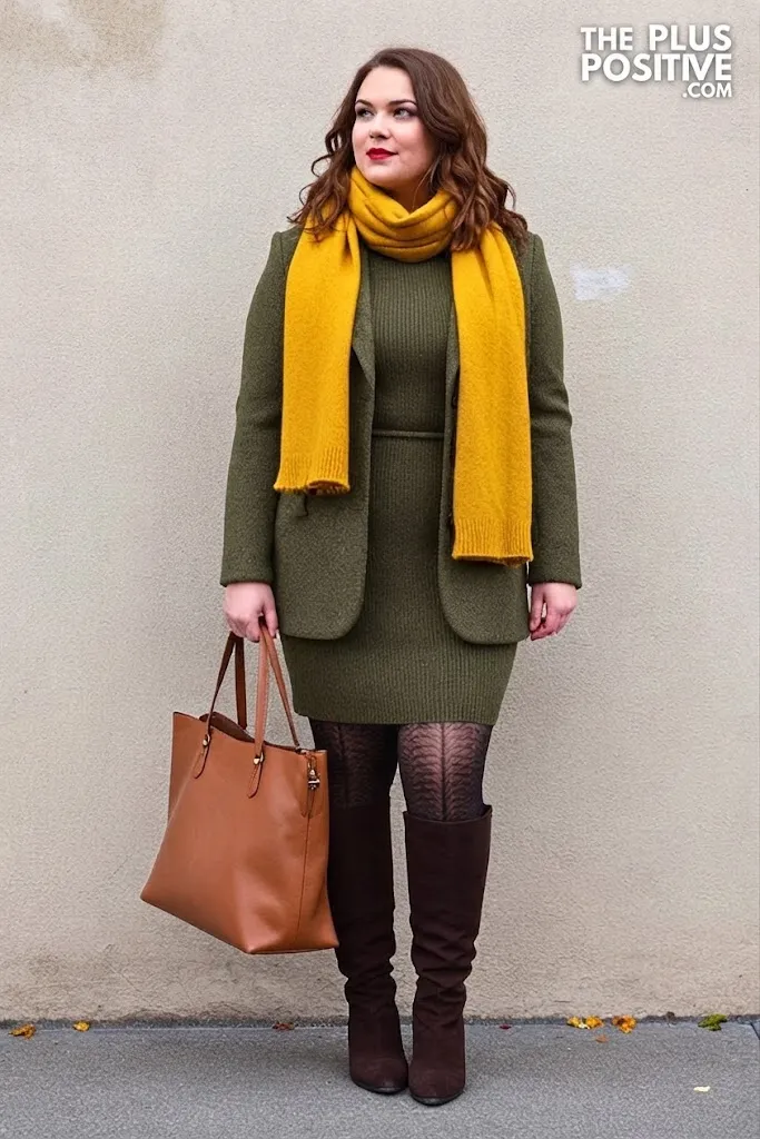 Honey Knit Blazer with Olive Knit Midi Dress