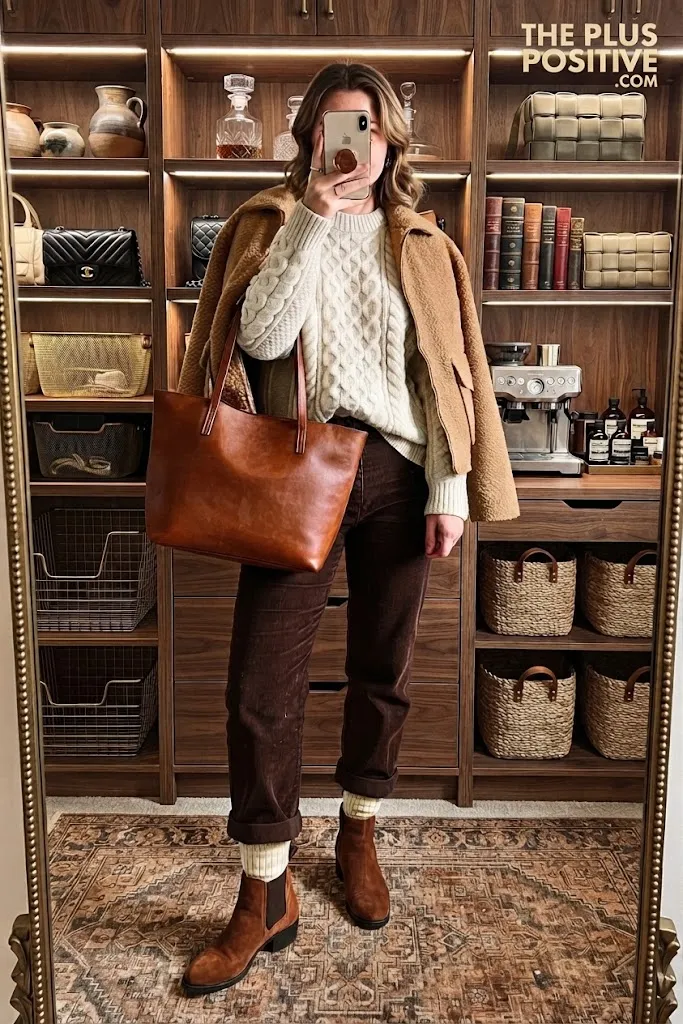 Ivory Cable-Knit Sweater With Chocolate Corduroy Barrel Jeans