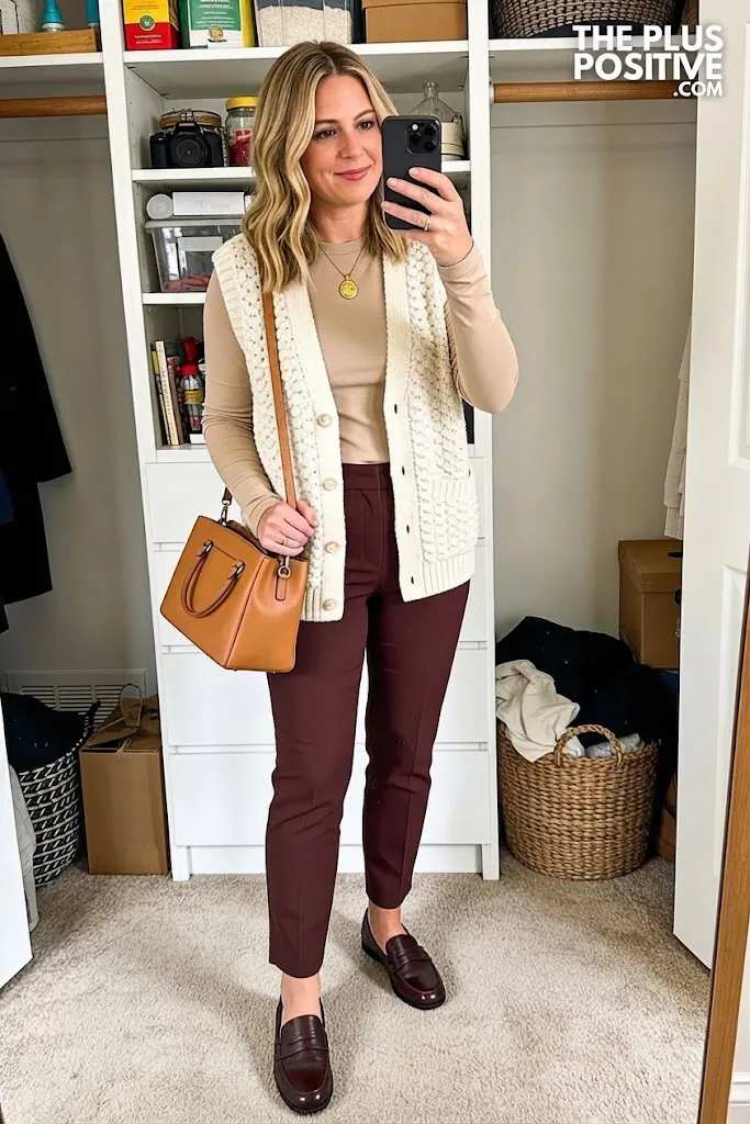 Ivory Textured Sweater Vest With Espresso Ponte Pants