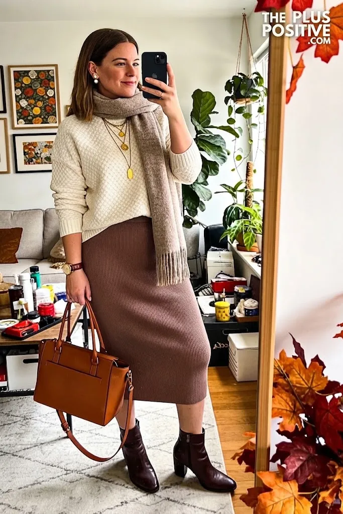 Ivory Textured Sweater with Soft Chocolate Column Skirt