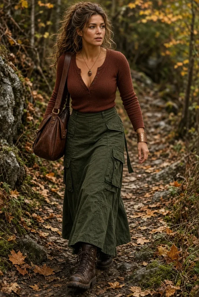 Mahogany Henley Sweater with Moss Cargo Maxi Skirt